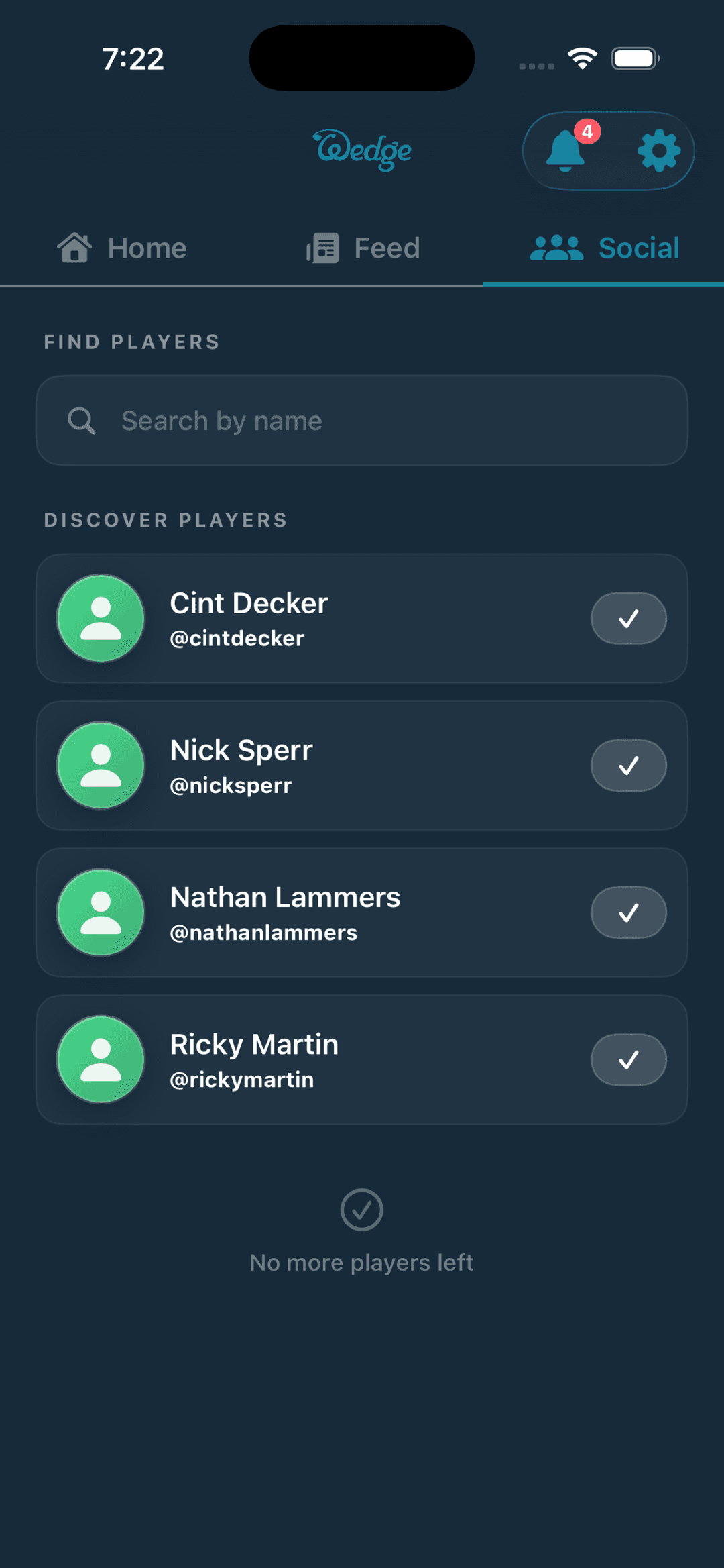 Social — discover and follow players